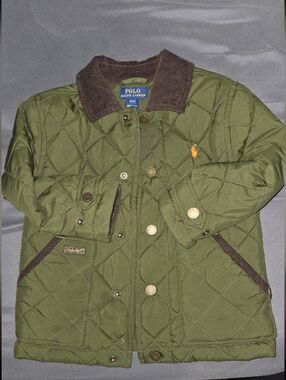 Polo by Ralph Lauren Kids Olive Quilted Puffer Jacket with Brown Cord Trim